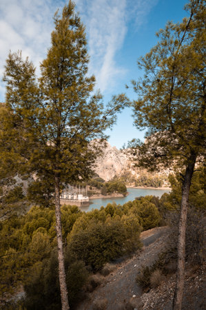 A vertical shot of a lake surrounded by lush trees and hills in the Chorro Reservoir in Spain on a sunny dayの写真素材