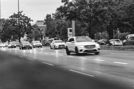 A grayscale shot of cars on the highway with trees under a clear sky