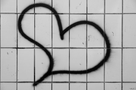 A black heart painting on the tiled wallの写真素材