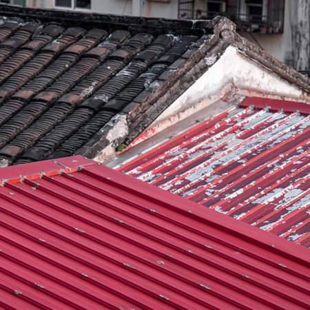 A closeup shot of different weathered roofsの写真素材