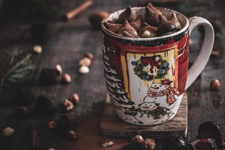 A closeup shot of hot chocolate with truffles in the new year cup on a wooden tab