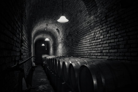 A grayscale shot of the inside of a dark tunnel with less lights and a line of barrels on groundの写真素材
