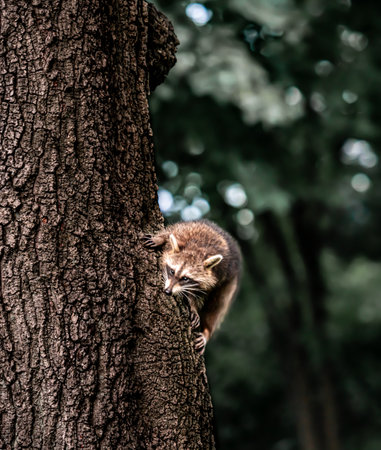 A closeup of raccoon climbing a tree at a parkの写真素材
