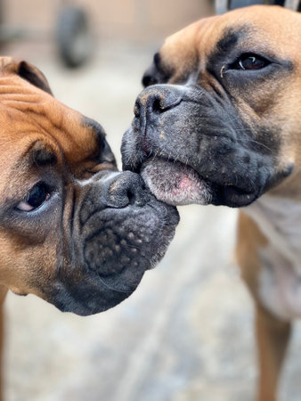 A vertical shot of two adorable boxer dogsの写真素材
