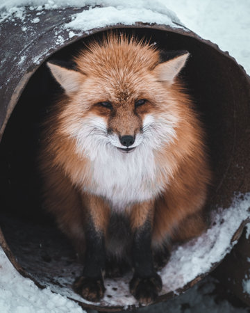 A red fox in an old rusty metal pipe in the snowの写真素材
