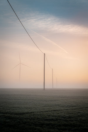A vertical shot of the wind turbine in the field on a foggy day during sunriseの写真素材
