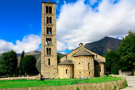 The first Romanesque church of Sant Climent (tower and apses) in the village of Taull in Spainの写真素材