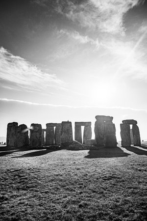 A grayscale of the famous Stonehenge in Salisbury, UKの写真素材