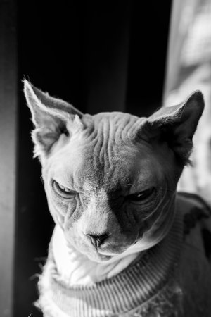 A grayscale closeup shot of a sphynx catの写真素材
