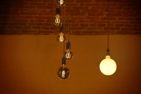 Several vintage round shaped glowing led light bulbs hanging on a ceiling against a wall at a shop