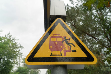 A low angle shot of the no trespassing sign on a train station.