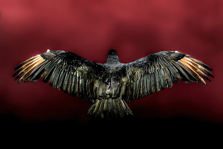 The back of an airborne vulture with wings widespread against a maroon backgroundの写真素材