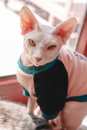 A closeup shot of a sphynx cat in clothesの写真素材