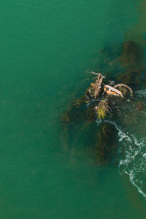 A broken bicycle covered with aquatic weeds and mud on waterの写真素材