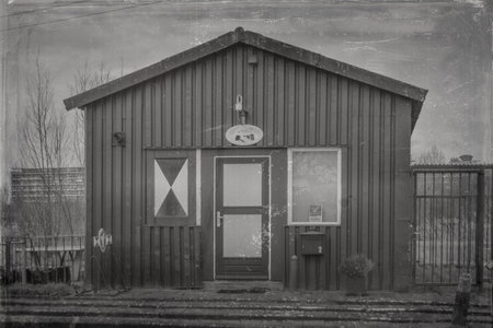 A view of a small old house in grayscaleの写真素材