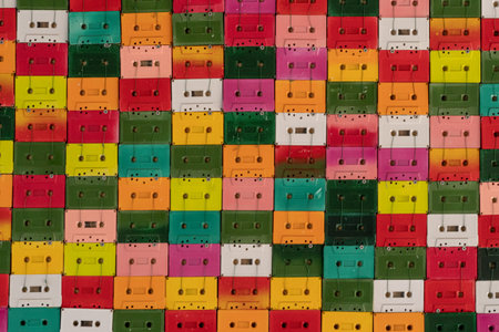 A colorful horizontal background of multi-colored cassette tapesの写真素材