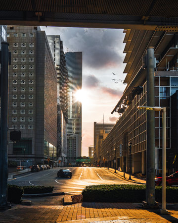 A beautiful shot of the streets of Miami during the sunsetの写真素材
