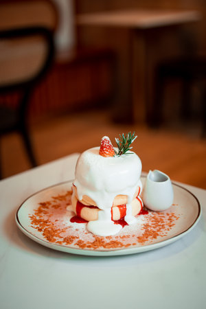 A vertical shot of a cake on a plate in a cafeの写真素材