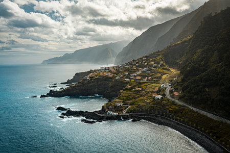 An aerial view of the coastal town and the sea in Madeira, Portugal, Seixalの写真素材