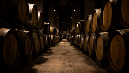 A view of an empty way between dozens of wooden casks in the sidesの写真素材