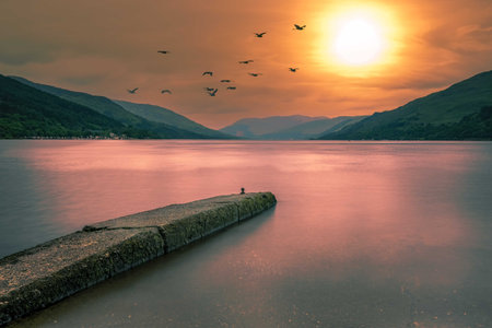 A beautiful scenery of the great view of sunset and a mountain, birds flying on landscapeの写真素材