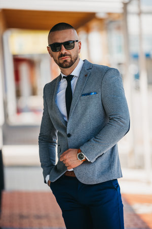 A vertical shot of a handsome young man in a suit with a business lookの写真素材