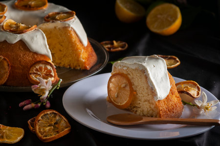 A delicious sliced citrus cake with a decoration of dry lemon slices on black background.の写真素材