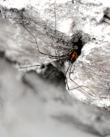 A soft focus of a spider with red and black striped spider crawling on a rockの写真素材
