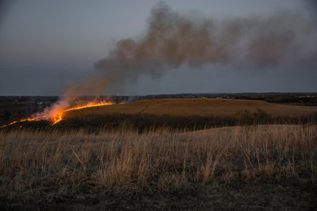 A dry grass burns during drought and hot weather