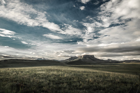 A scenic view of a beautiful field with large rocky mountains in the distance on a cloudy dayの写真素材