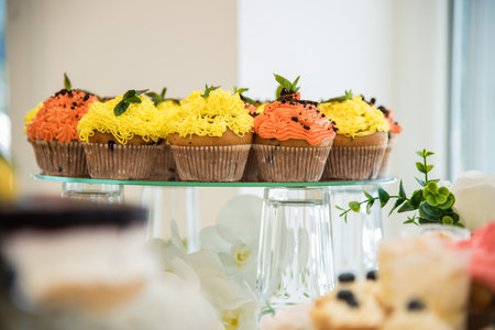 A scenic view of cupcakes on a glass surface in a shop