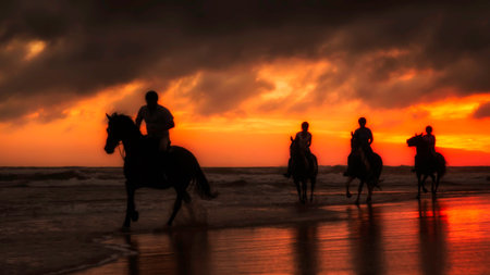 The silhouettes of the horse riders on the beach at sunset.の写真素材