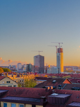 A vertical shot of a city during the beautiful sunsetの写真素材