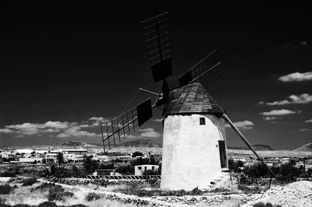 A grayscale shot of a windmill on Fuerteventura, Black & White Exposure