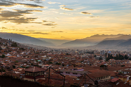 An aerial shot of Cusco, Peru during the sunsetの写真素材