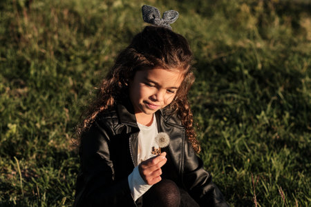 A Caucasian smiling girl holding a dandelion in a field