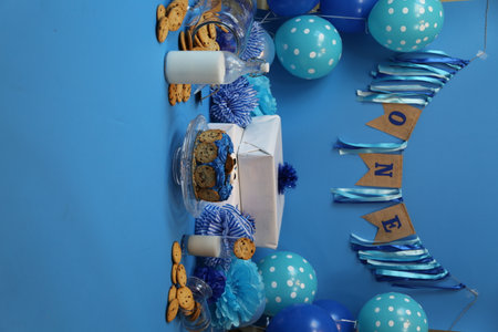 A blue decorated corner of a baby birthday or party