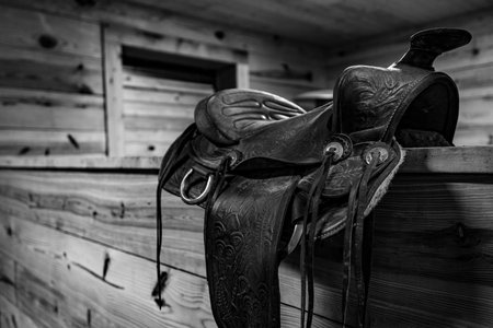 A closeup grayscale shot of a saddle on a wooden wallの写真素材
