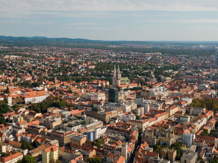 A Drone shot of a beautiful city Zagreb, in Croatia with red roof buildingsの写真素材