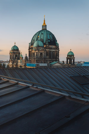 A vertical shot of Berlin Cathedral in Berlin, Germany during sunsetの写真素材