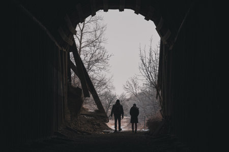 The two people walking through a secret tunnel leading to a park in North Dakotaの写真素材
