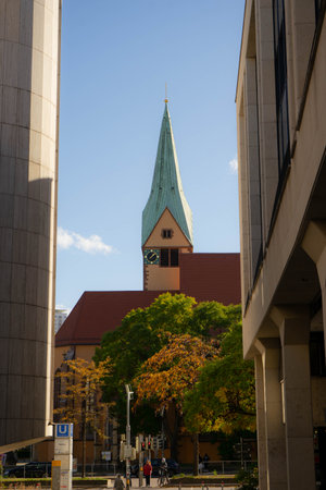 A vertical shot of a church with the clear skies in the backgroundの写真素材