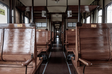 A historic steam train carriage interiorの写真素材