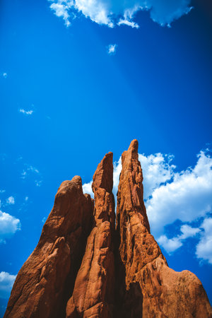 A vertical low angle shot of tall sandstone formations in North Dakotaの写真素材