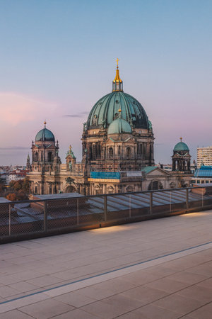 A vertical shot of Berlin Cathedral in Berlin, Germany during sunsetの写真素材
