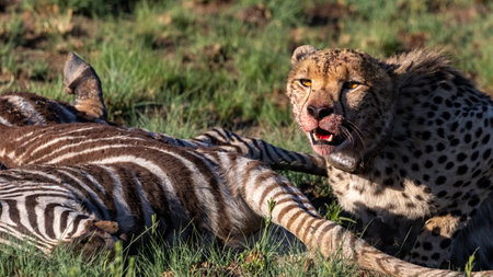 A closeup shot of a cheetah lying on the ground after killing a zebraの写真素材