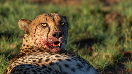 A closeup shot of a cheetah with blood on its mouth after killing a zebraの写真素材