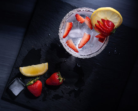 A top view of a refreshing drink with strawberries and lemon on a black surfaceの写真素材