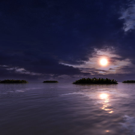 A small island in the middle of the sea under a dark skyの写真素材