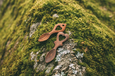 Wooden love spoons from Wales on mossy stone background. Traditional welsh wooden spoons. Handcrafts.の写真素材